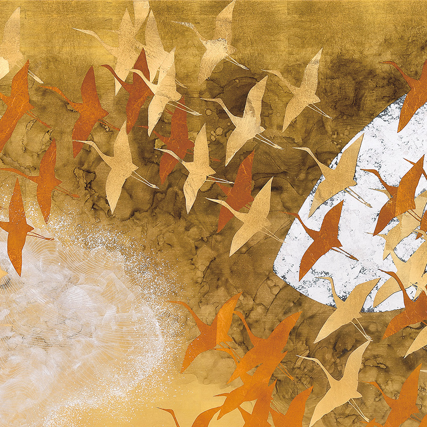 A group of cranes, Gold leaf Art Panel